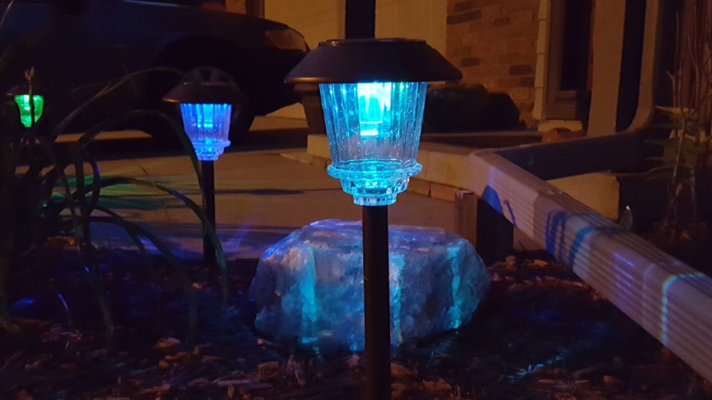 Glowing blue outside lights