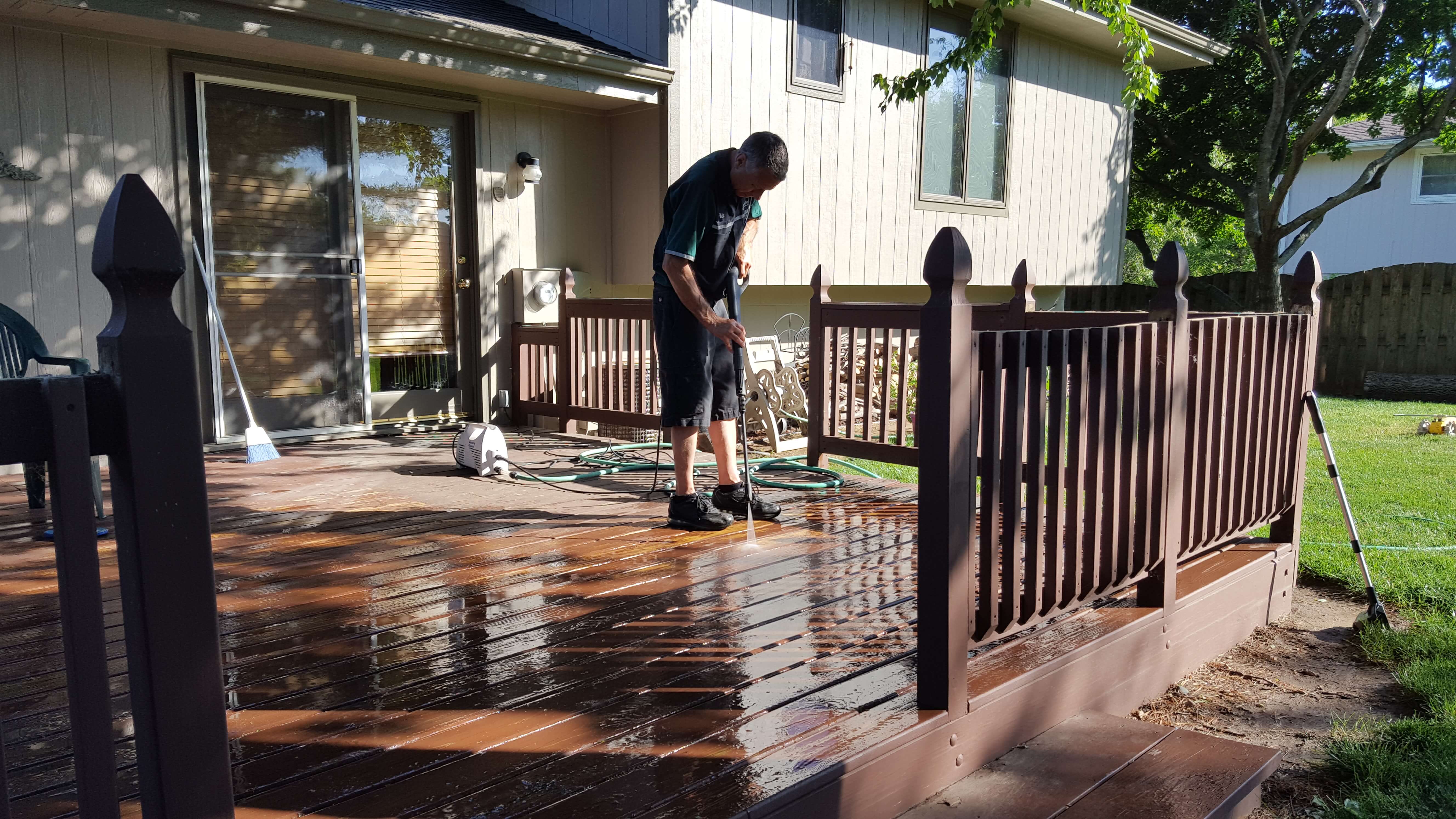 Power washing a deck