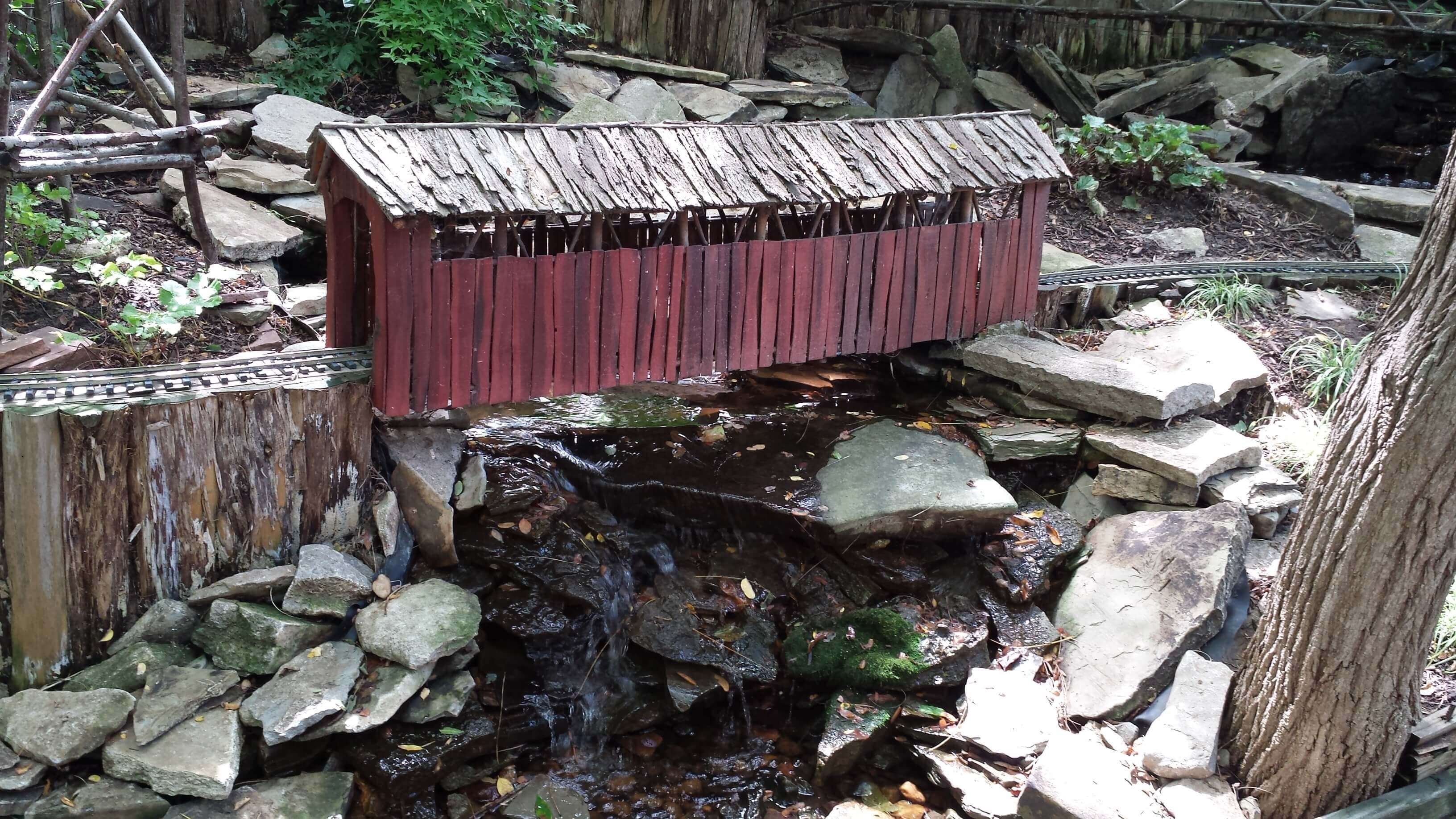 Miniature covered bridge at Lauritzen Gardens