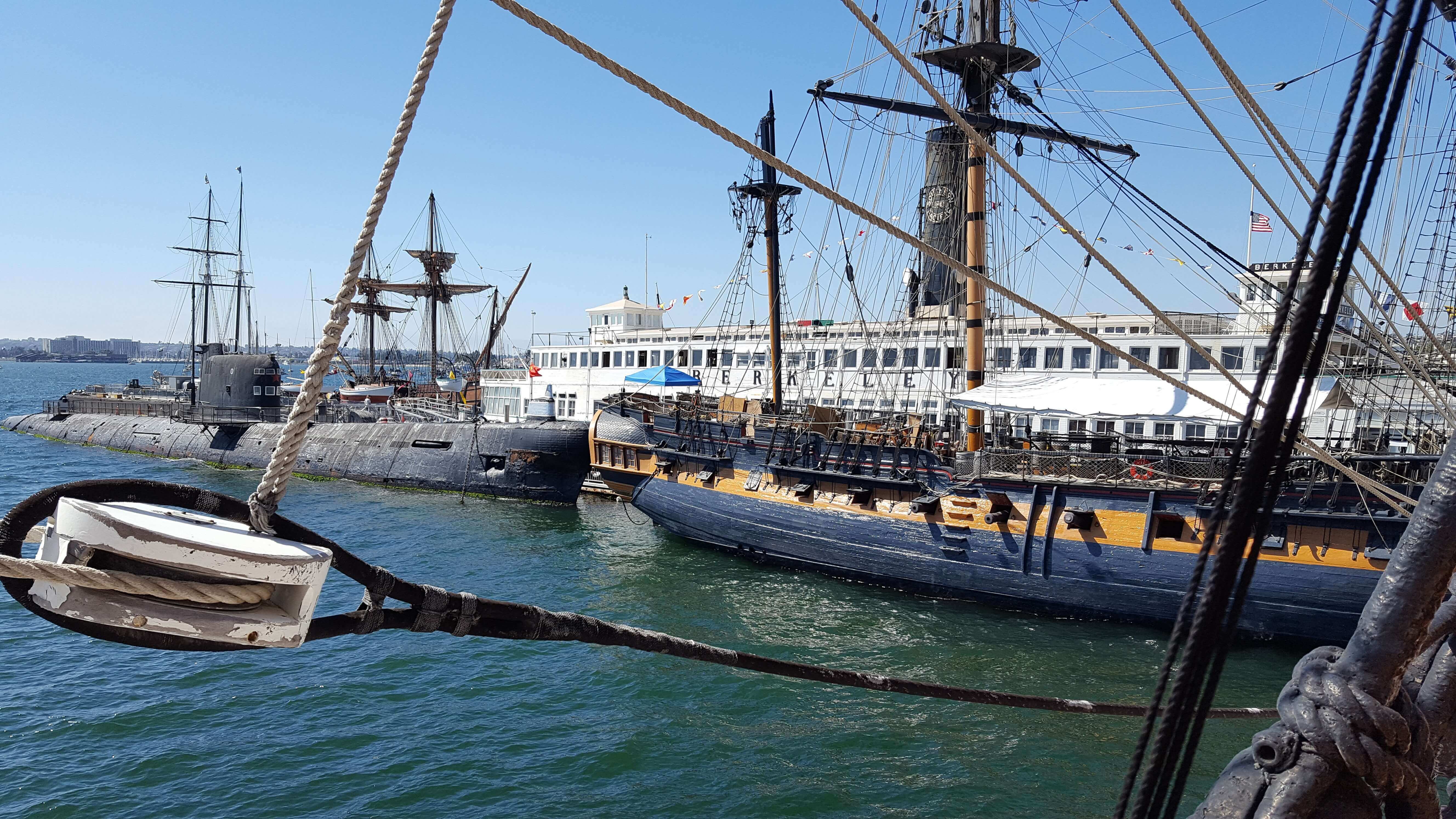 Submarine and HMS Surprise in the Maritime Museum, San Diego
