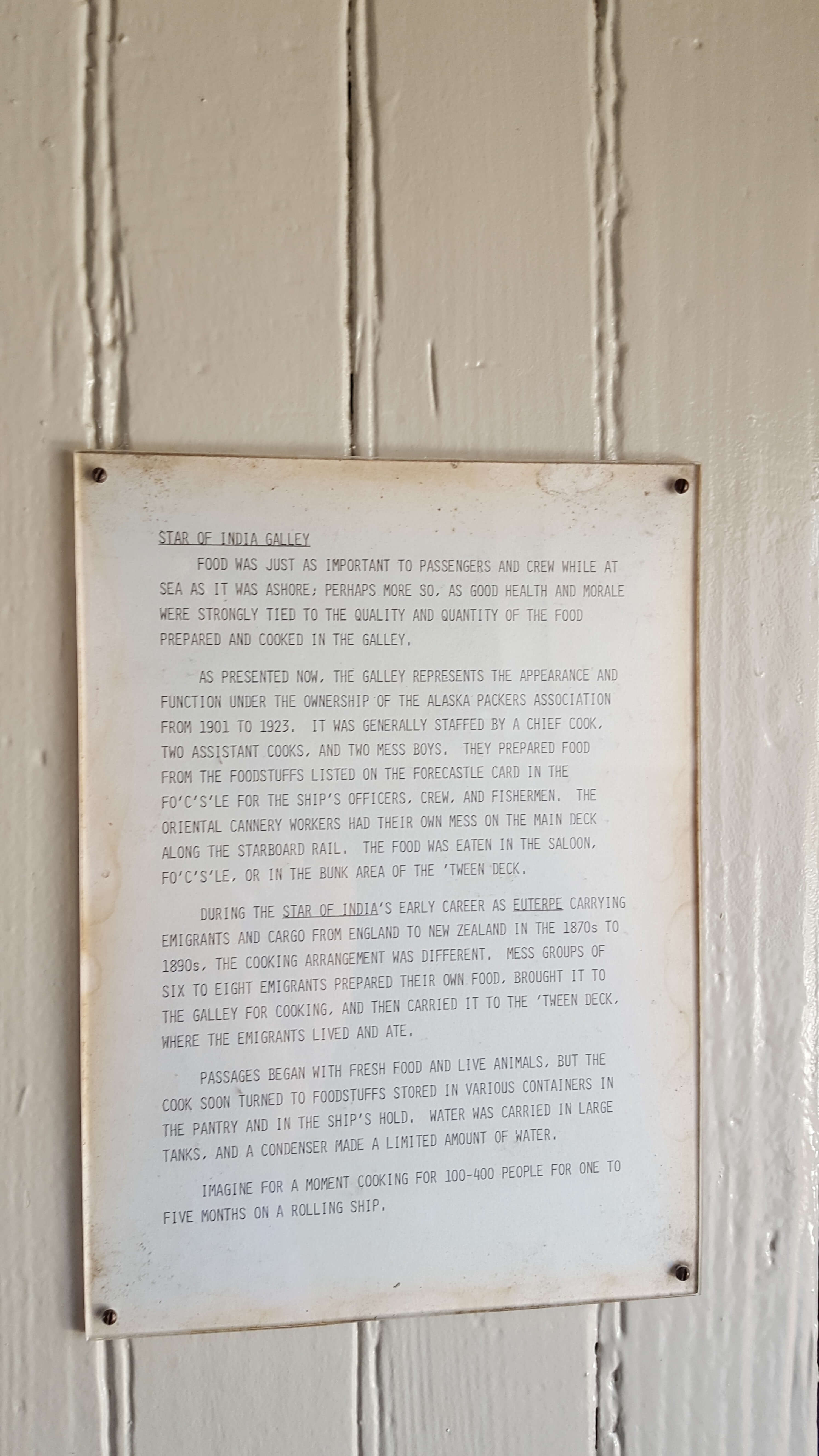 Galley info for ship Galley info for the Star of India