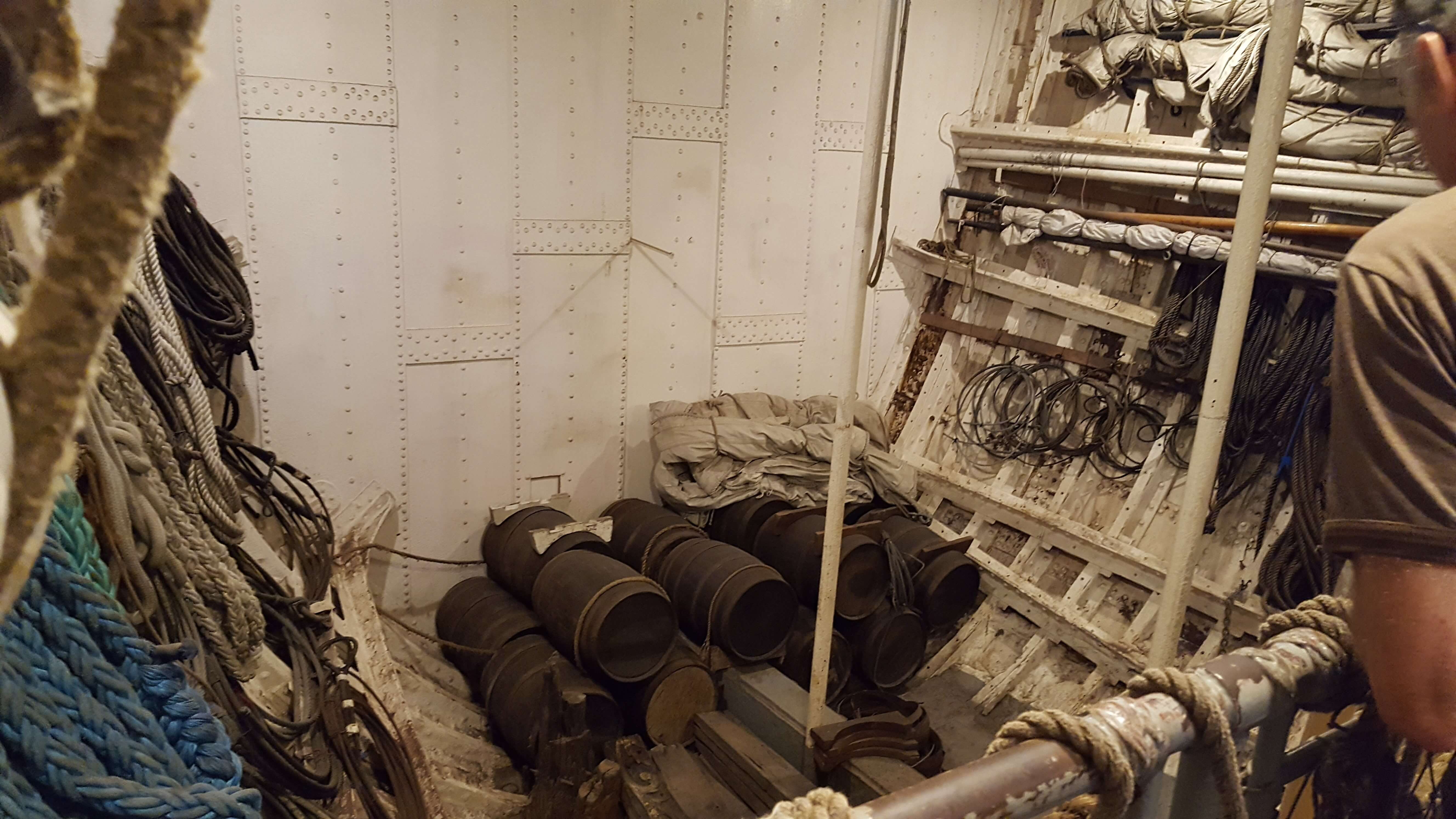 Ropes and canvas in the hull of the ship