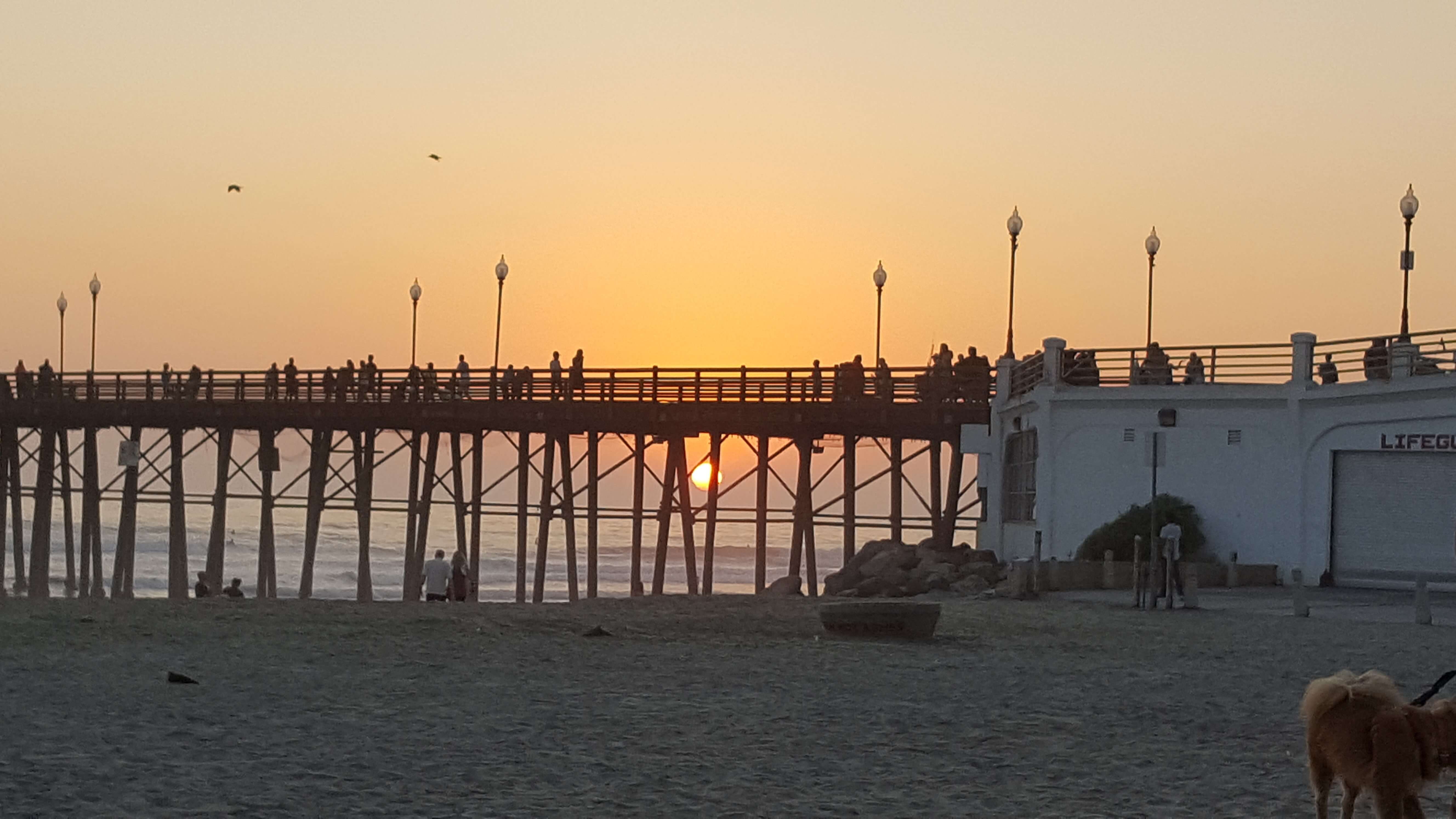 The orange sun going down under Oceanside Pier.
